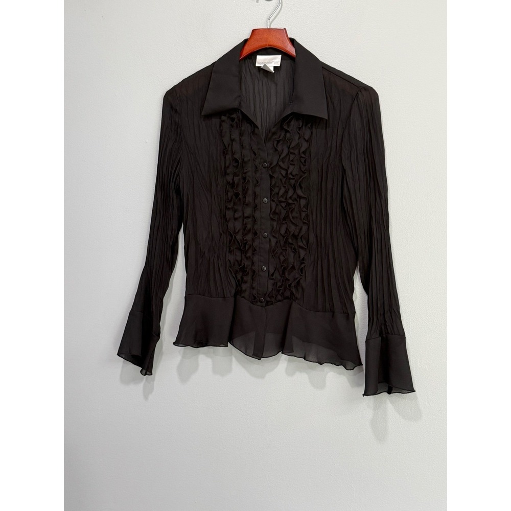 Gothic witch Black Plisse Pleated Ruffle Button Front‎ Blouse Bell Sleeve Medium